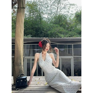 Dây Pháp Phối Ren Nơ Chấm Bi Dây Đầm Nữ Mùa Hè Váy Dài Sang Trọng Váy Hẹp-Waist a-