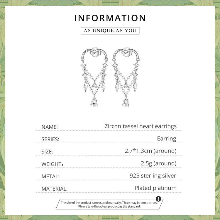 Cặp khuyên tai BAMOER bằng bạc 925 hình trái tim phối tua rua đính đá zircon thời trang sang trọng cho nữ