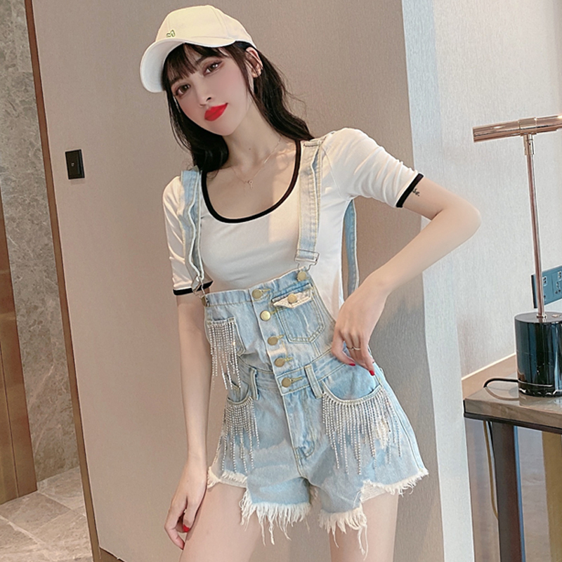 Quần Short Yếm Denim Lưng Cao Phối Tua Rua Đính Đá Phong Cách Retro