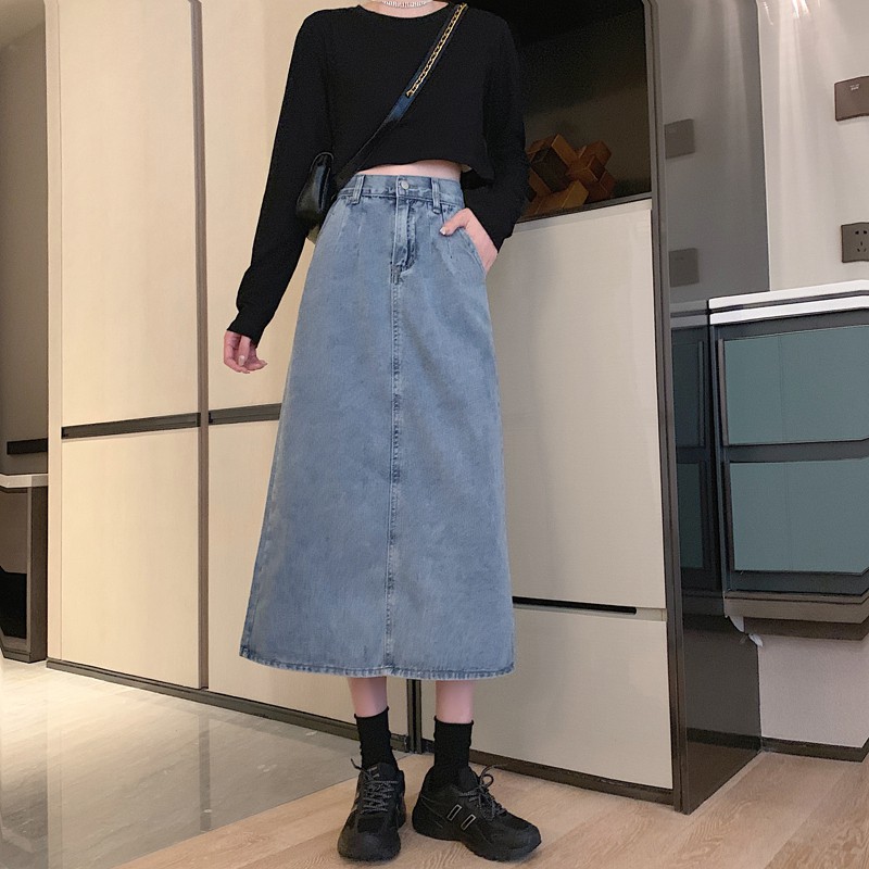Chân Váy Denim Lưng Cao Xẻ Tà Phong Cách Vintage | BigBuy360 - bigbuy360.vn