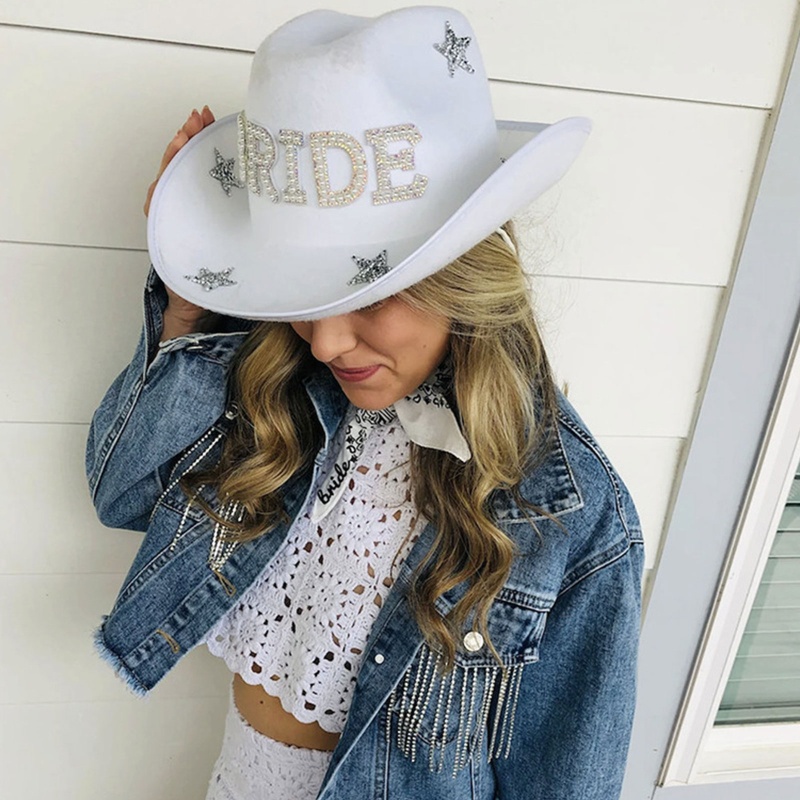 Mũ Cao Bồi Phối Dây Rút Vành Rộng In Chữ BRIDE Stars Phong Cách Cao Bồi Phương Tây Dành Cho Bạn Gái