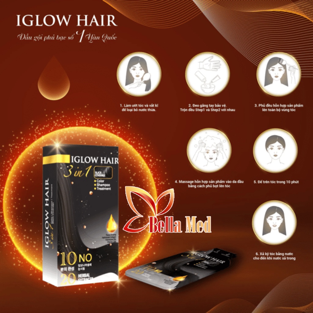 DẦU GỘI PHỦ BẠC TÓC HÀN QUỐC IGLOW HAIR WHITE HAIR COVER 3 IN 1 BLACK COVERAGE (15ML X 5 GÓI)