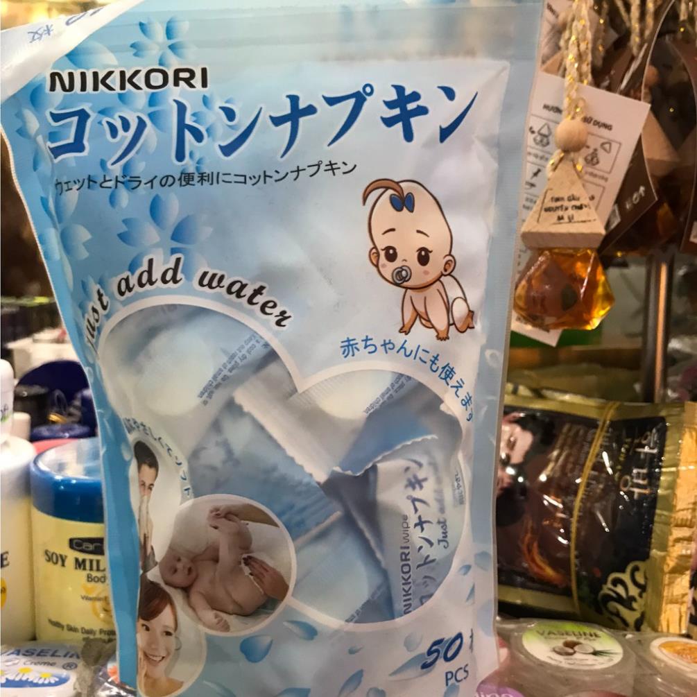 Khăn nén NIKKORI Okamura gói 50c giúp tẩy trang, lau mặt dạng viên nén tiện lợi, an toàn cho cả trẻ sơ sinh