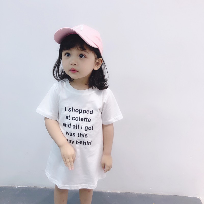 Đầm cotton ngắn tay in chữ dễ thương cho bé gái