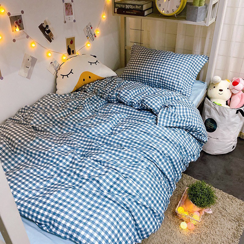 Set Chăn Ga Gối Caro Xanh Dương Phong Cách Hàn Quốc ( KHÔNG KÈM RUỘT )