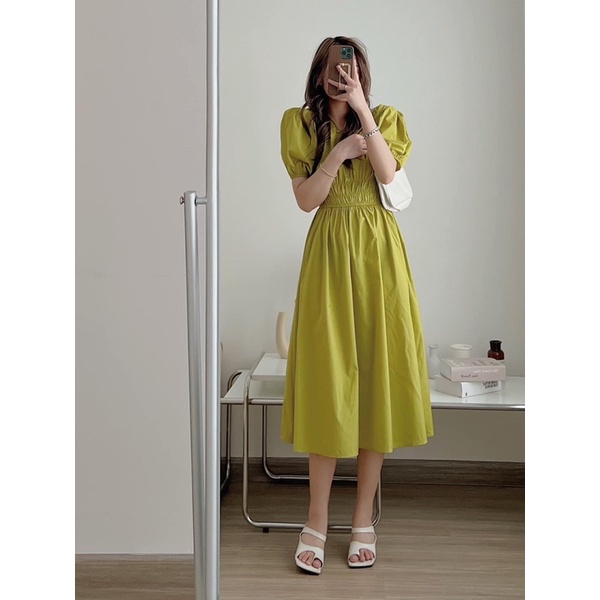 Váy - Đầm Midi thô TAY BỒNG NHÚN LI EO cổ V