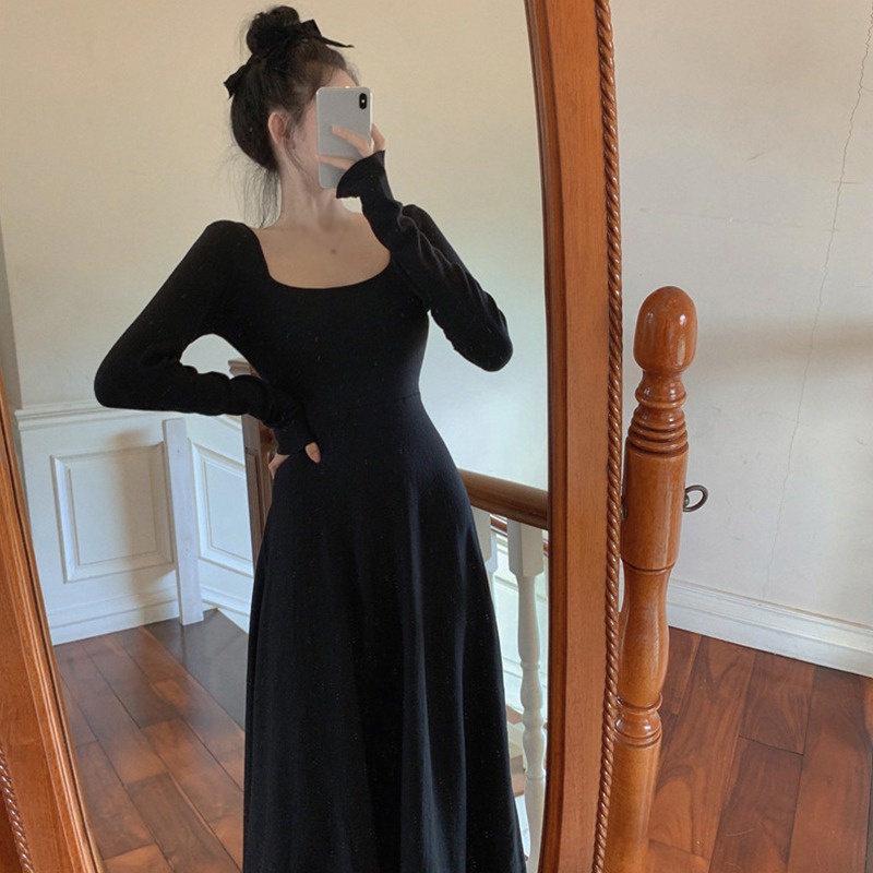 Đầm nữ ôm dáng tay dài cổ vuông màu sắc đơn giản sành điệu thời trang