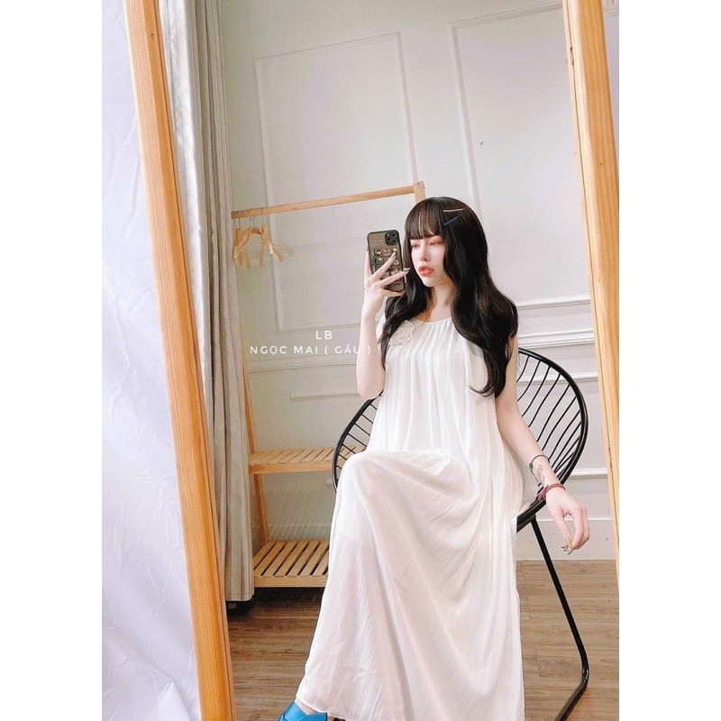 Đầm maxi hai dây dập ly phối hoa nhỏ siêu dễ thương hình thật