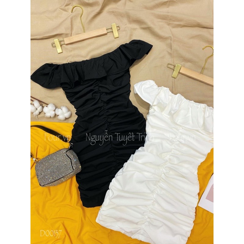 Đầm ôm body kiểu bẹt vai viền bèo nhún dễ thương chất vải thun Borip | BigBuy360 - bigbuy360.vn