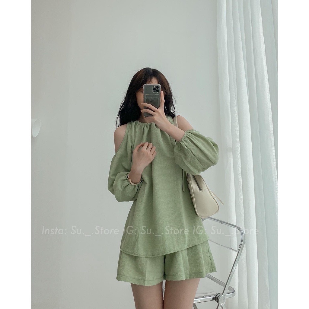 Set Áo Khoét Vai Buộc Nơ Phối Quần Sooc Form Rộng Xanh Bơ Siêu Xinh