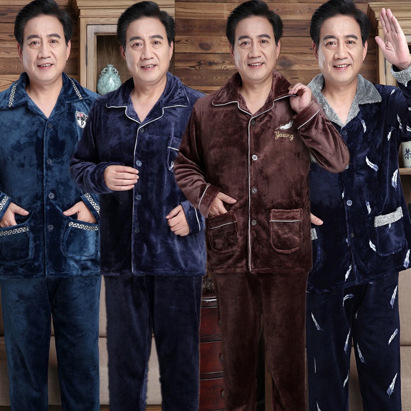 Bộ đồ ngủ nam mùa đông flannel dày dặn cộng với lông cừu ấm áp cỡ lớn cho người trung niên và cao tuổi bộ đồ phục vụ tại