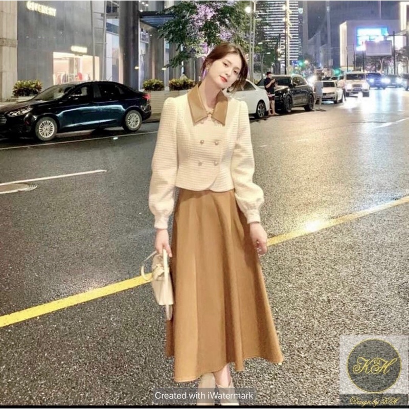 SET VÁY THỜI TRANG RETRO HÀN QUỐC ÁO TIỂU THƯ PHỐI CỔ + CHÂN VÁY XOÈ DÁNG DÀI SIÊU XINH