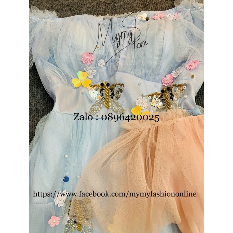 Đầm maxi bẹt vai xếp tầng kết cườm hình bướm TRIPBLE T DRESS - size M/L (ảnh/video thật) - MS312V