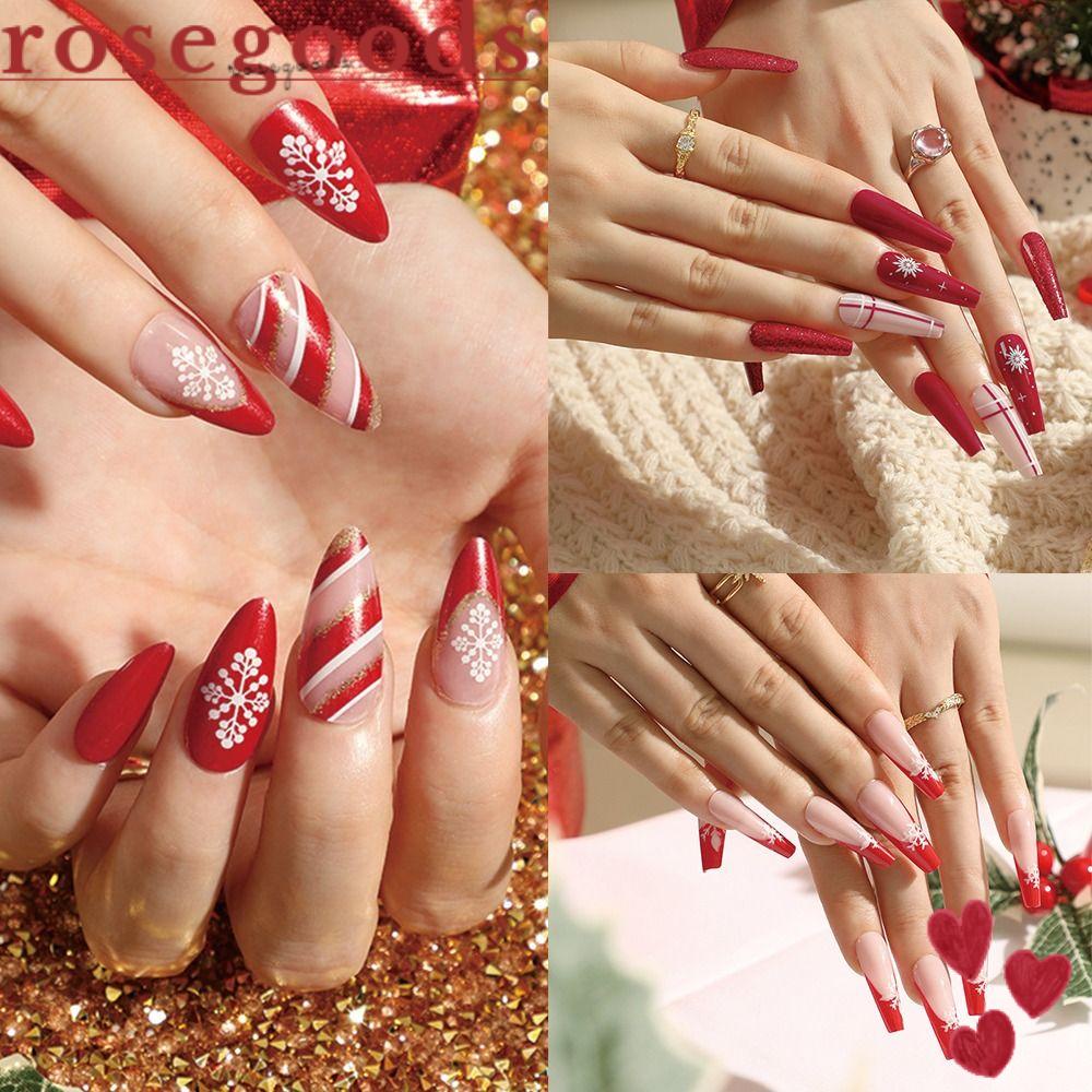 Set 24 Móng Tay Giả Dạng Nhấn Che Phủ Toàn Diện Màu Đỏ Lấp Lánh