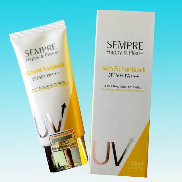 Kem Chống Nắng Dưỡng Da có màu 3 in1, Chống Nắng Geo Sempre Happy & Please skin fit sun block SPF 50pa +++