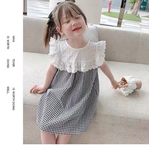 Váy Cho Bé Gái Dáng Caro Kẻ Đen Pha Ren Từ 8 - 16kg, Chất Đũi Thấm Hút Mồ Hôi, Thoải Mái Vận Động