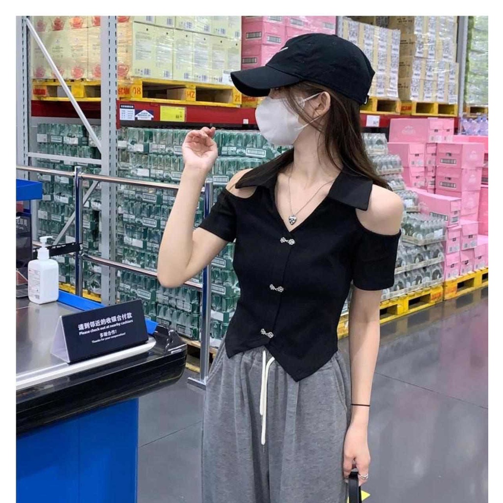 Áo Thun Tay Ngắn Cổ Chữ V Hở Vai Thời Trang Mùa Hè Phong Cách Hàn Quốc Mới