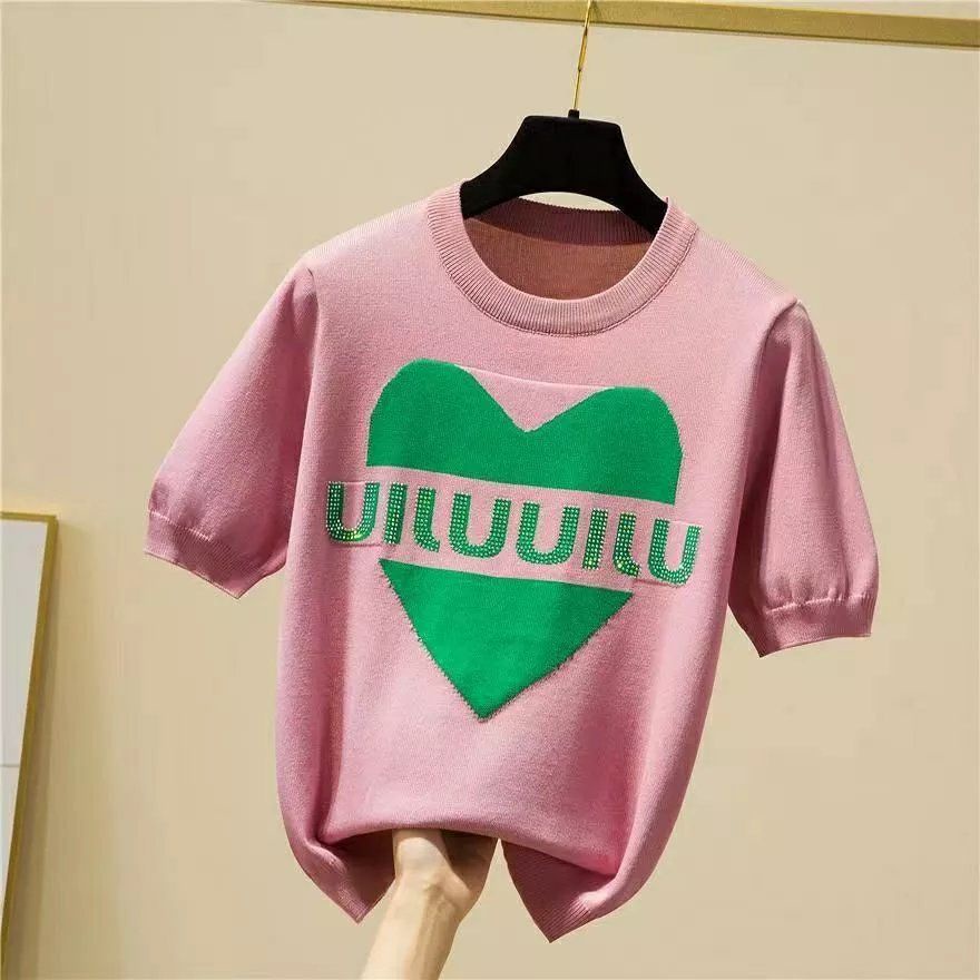 2022 summer new ice silk short sleeved hot diamond letter sweater loose T-shirt women's aging foreign style half sleeved top