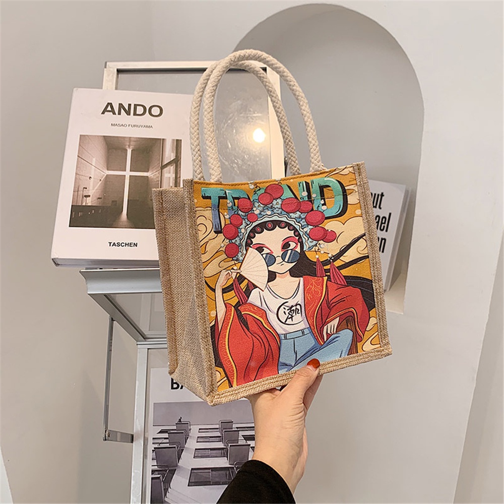 Benytro xách vải canvas đựng hộp cơm trưa in họa tiết thổ cẩm có khóa kéo thời trang tiện lợi