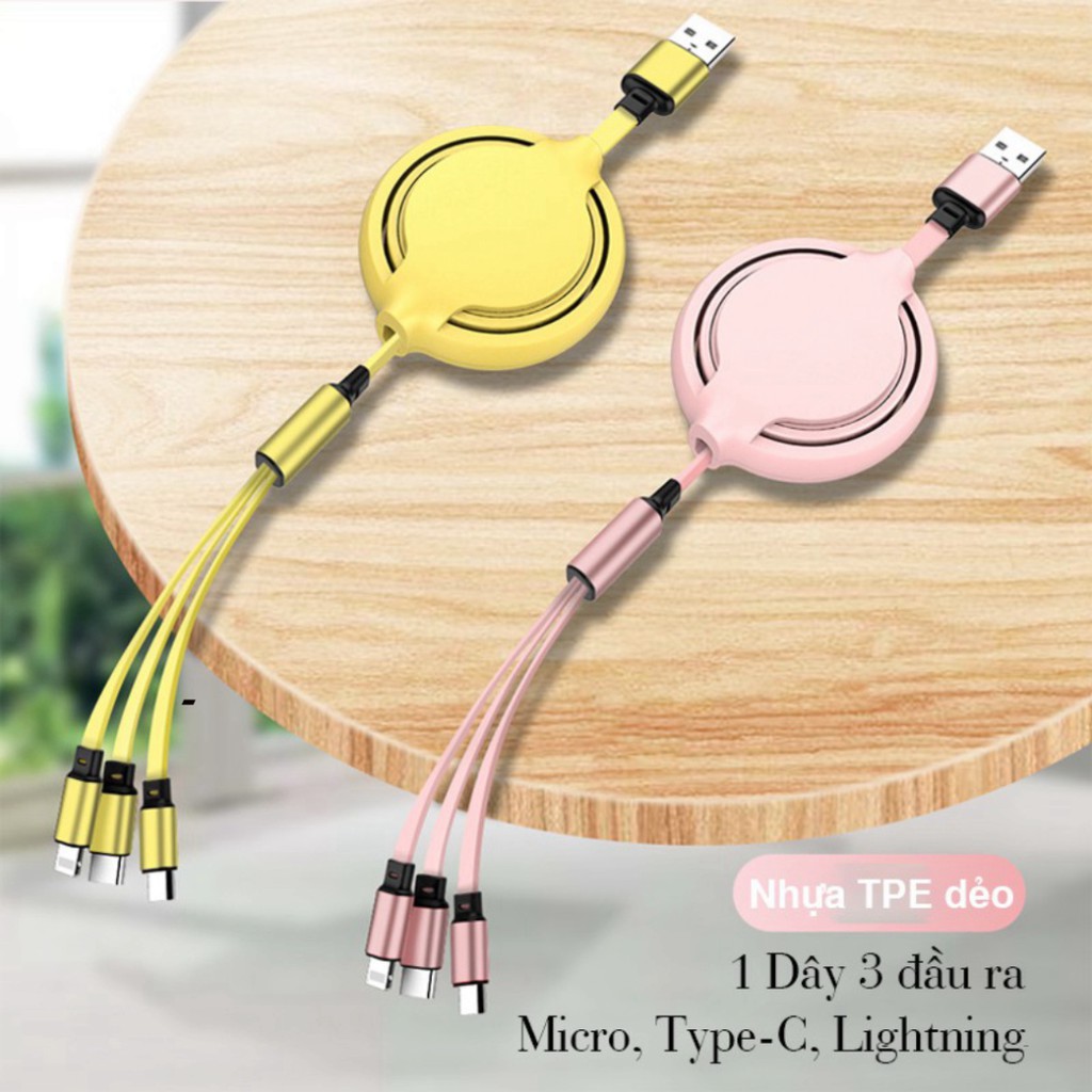 Cáp sạc dây rút 3 trong 1 thiết kế mới lạ, có thể kéo dài rút ngắn dễ dàng, 1 dây 3 đầu sạc Micro, Type-C, Lightning