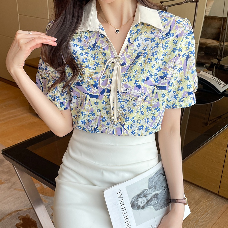 Áo Sơ Mi Chiffon Cổ V Tay Ngắn In Họa Tiết Hoa Màu Xanh Lá/ Vàng Lá Thời Trang Mùa Hè Cho Nữ