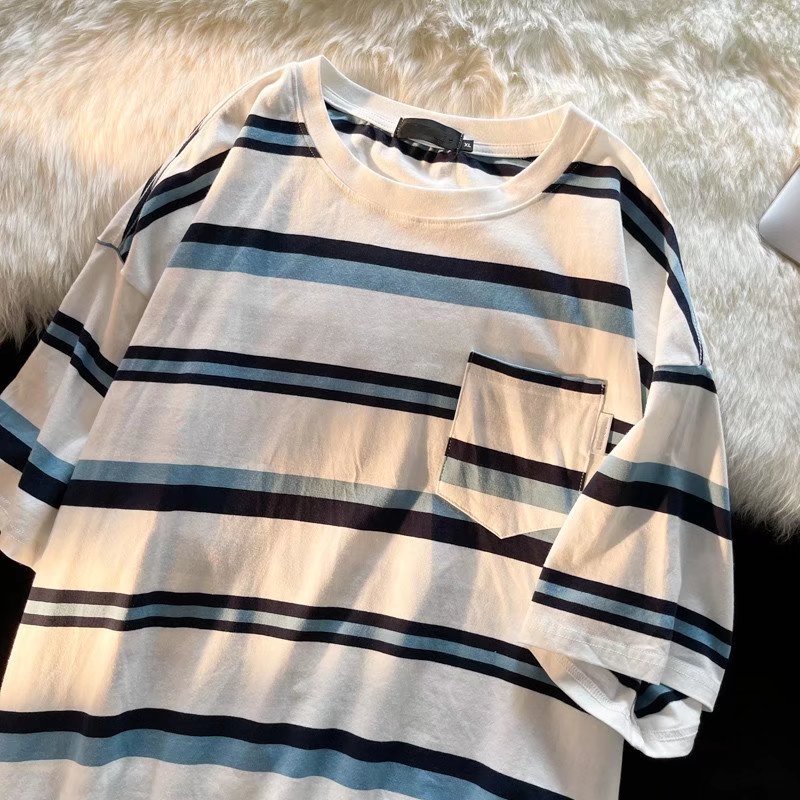 Áo Thun Tay Ngắn Dáng Rộng Họa Tiết Kẻ Sọc Phong Cách Hip Hop Đường Phố Hàn Quốc Thời Trang Mùa Hè Cho Nam Cỡ Lớn M-2XL