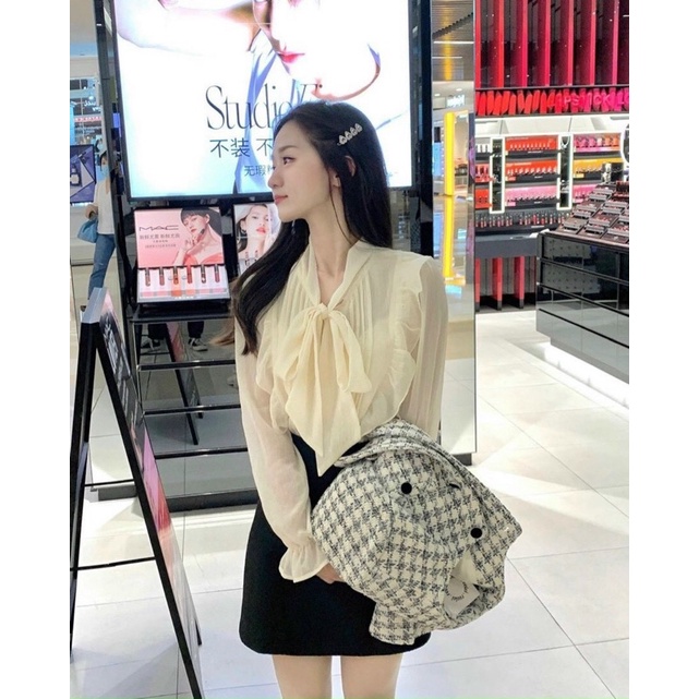 SET ÁO SƠ MI NUDE VOAN PHỐI NƠ KÈM KHOÁC DẠ CARO + CHÂN VÁY ĐEN