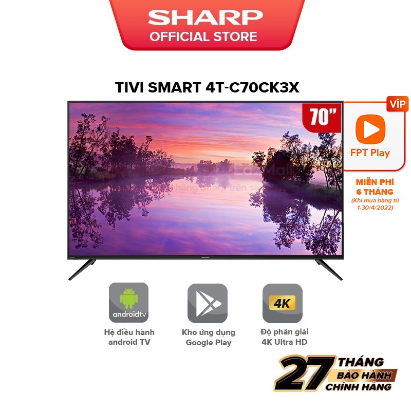 [Mã ELBAU7 giảm 7% đến 1TR][New model] TV 4K 70inch Sharp 4T-C70CK3X SX Malaysia [Android 10.0, Netflix]