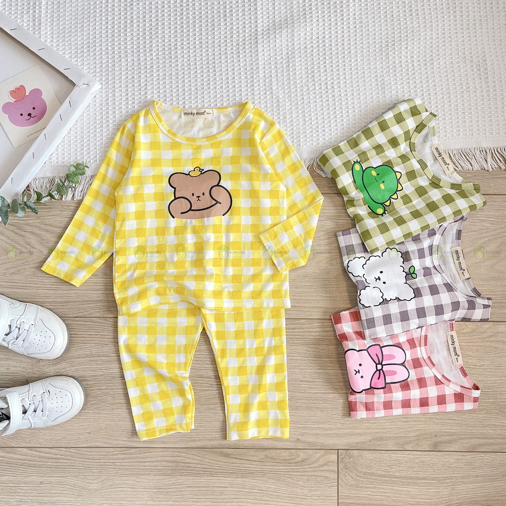 Bộ Dài Tay Cho Bé Trai, Bé Gái Vải Thun Lạnh Minky Mom Hoạ Tiết Kẻ Sọc In Gấu, Đồ Bộ Mặc Nhà Cho Bé MKMTD2235