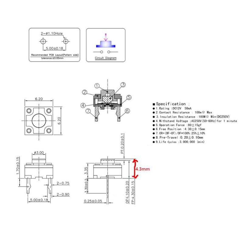 2 Công Tắc Micro Wili 6x6 X 4.3 mm