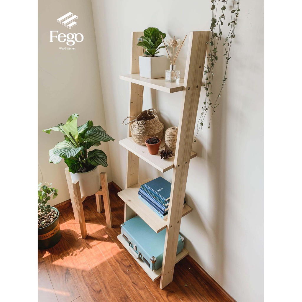 Kệ thang gỗ trang trí 4 tầng FEGO để sách decor nhà cửa