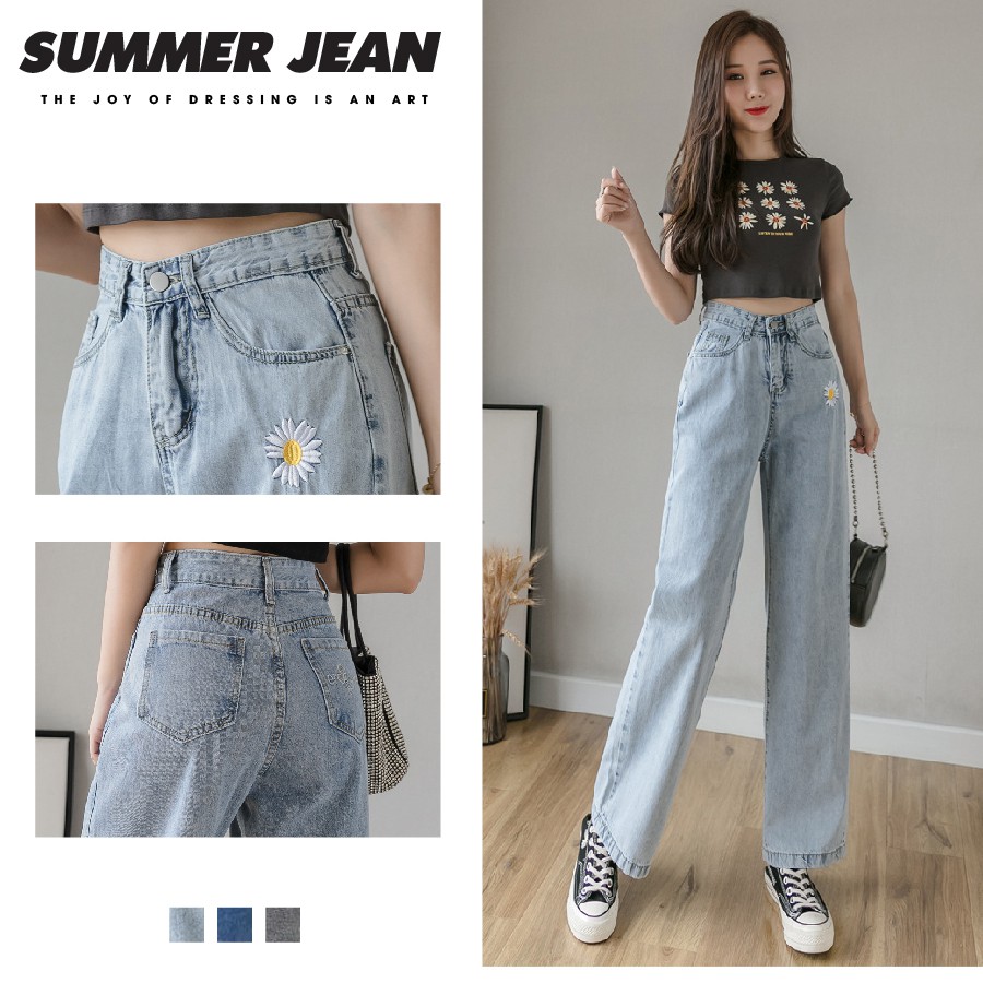 [Mã WASTMAY giảm 15% tối đa 30K đơn 150K] Quần jean nữ ống rộng thêu hoa cúc - Quần jean ống rộng phong cách Hàn Quốc | BigBuy360 - bigbuy360.vn