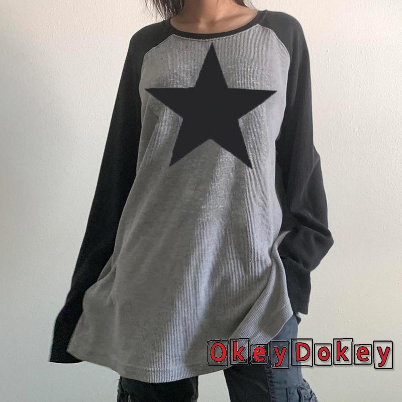 Áo Thun Tay Dài Dáng Rộng In Hình Ngôi Sao Phong Cách Gothic Cổ Điển OKDK-Y2K Fairycore Grunge