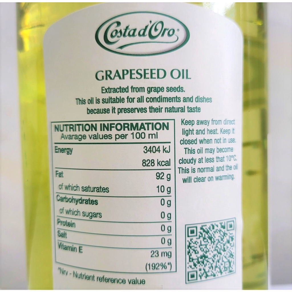 [Chai 1 Lít] DẦU HẠT NHO [Italia] COSTA D’ORO Grapeseed Oil