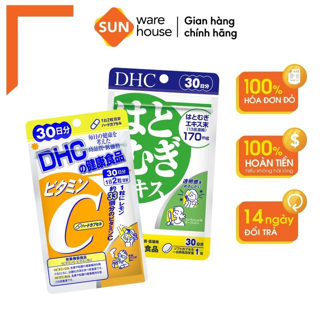 Combo Viên Uống DHC Vitamin C Và DHC Adlay Extract Giúp Giảm Thâm Mụn, Dưỡng Da Trắng Hồng Căng Mịn 30 Ngày