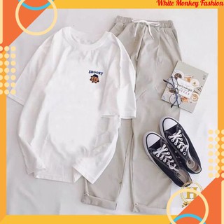 Sét Đồ Nữ Mặc Đi Chơi Mùa Hè Độc Lạ Siêu Đẹp , Áo Phông Nữ In Logo Shooky Mix Quần Kaki Phong Cách Hàn Quốc