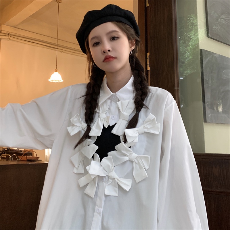 Áo sơ mi kiểu ZHELIHANGFEI cổ lật dáng rộng phối nơ dễ thương phong cách học đường thời trang dành cho nữ