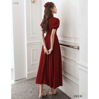 ĐẦM MIDI ĐỎ CỔ TÀU NÚT BỌC