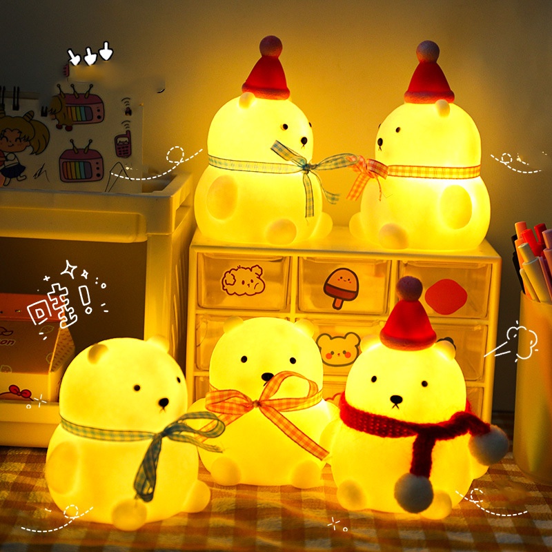 Đèn ngủ để bàn hình gấu bông quàng khăn dễ thương, Quà tặng kỉ niệm, trang trí phòng cute