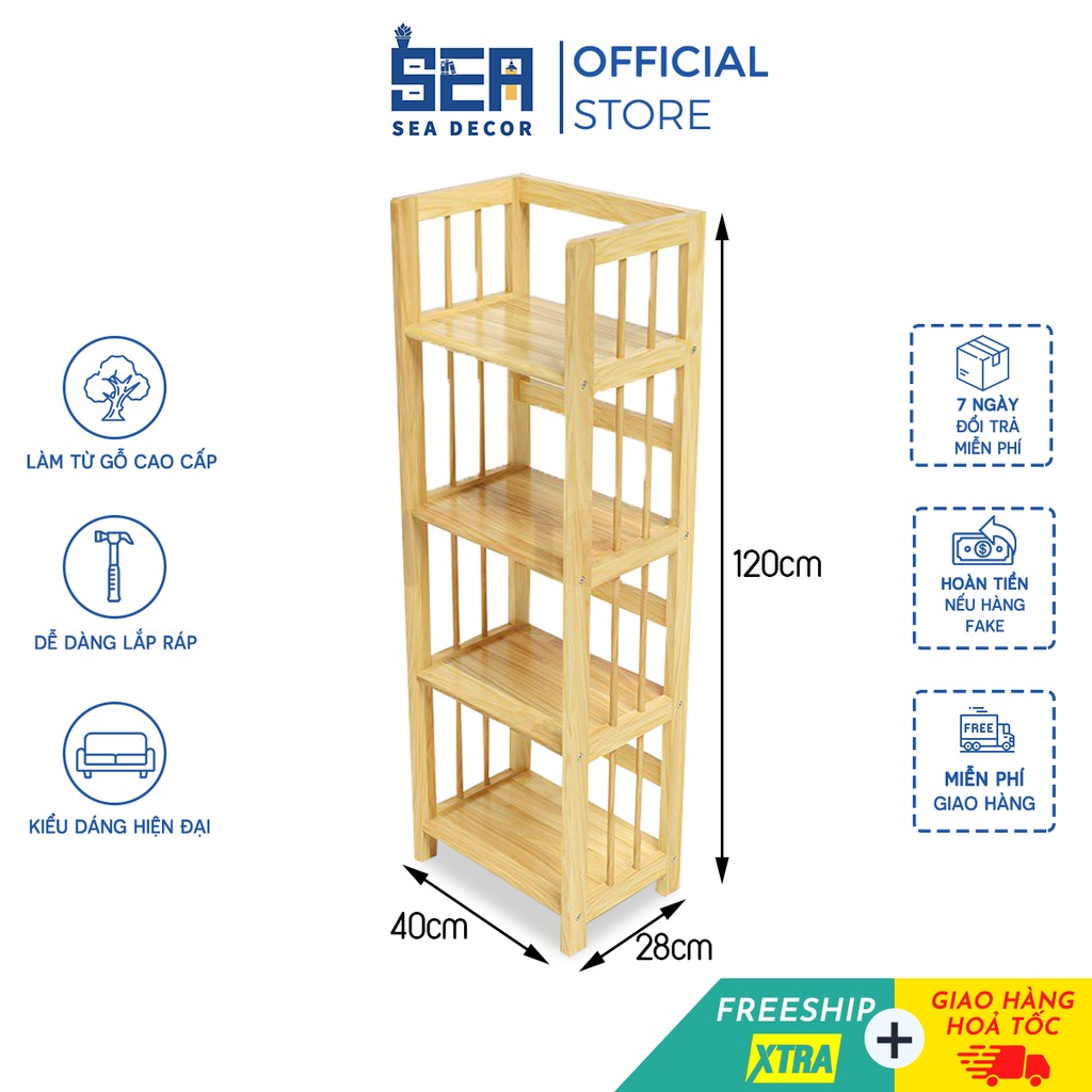 Kệ sách gỗ 4 tầng SEADECOR gỗ cao su tự nhiên siêu bền chống mối mọt thiết kế thông minh đa năng