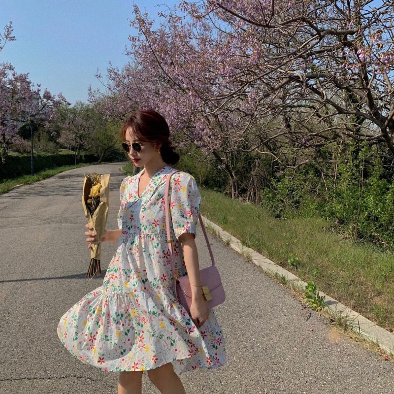 Đầm dài cổ búp bê dáng rộng họa tiết hoa thời trang cho nữ