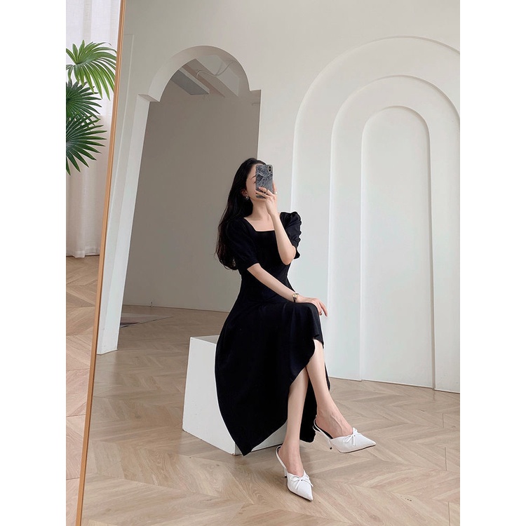 Váy Dài Cổ Vuông Tay Phồng Màu Đen Pháp Cổ Điển Váy Nữ