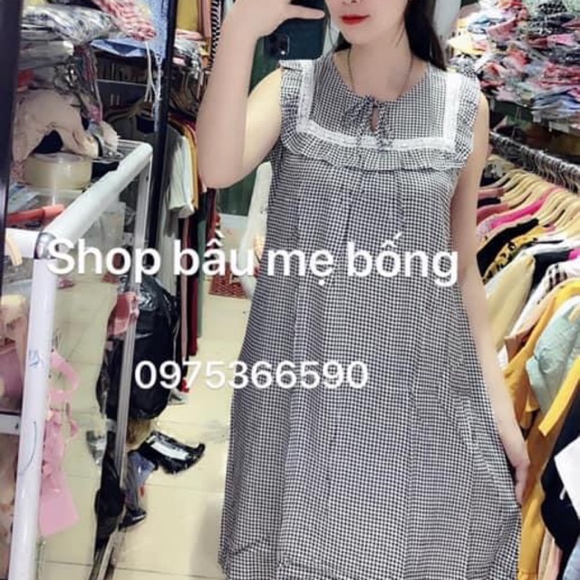 Váy lanh bầu nơ cổ