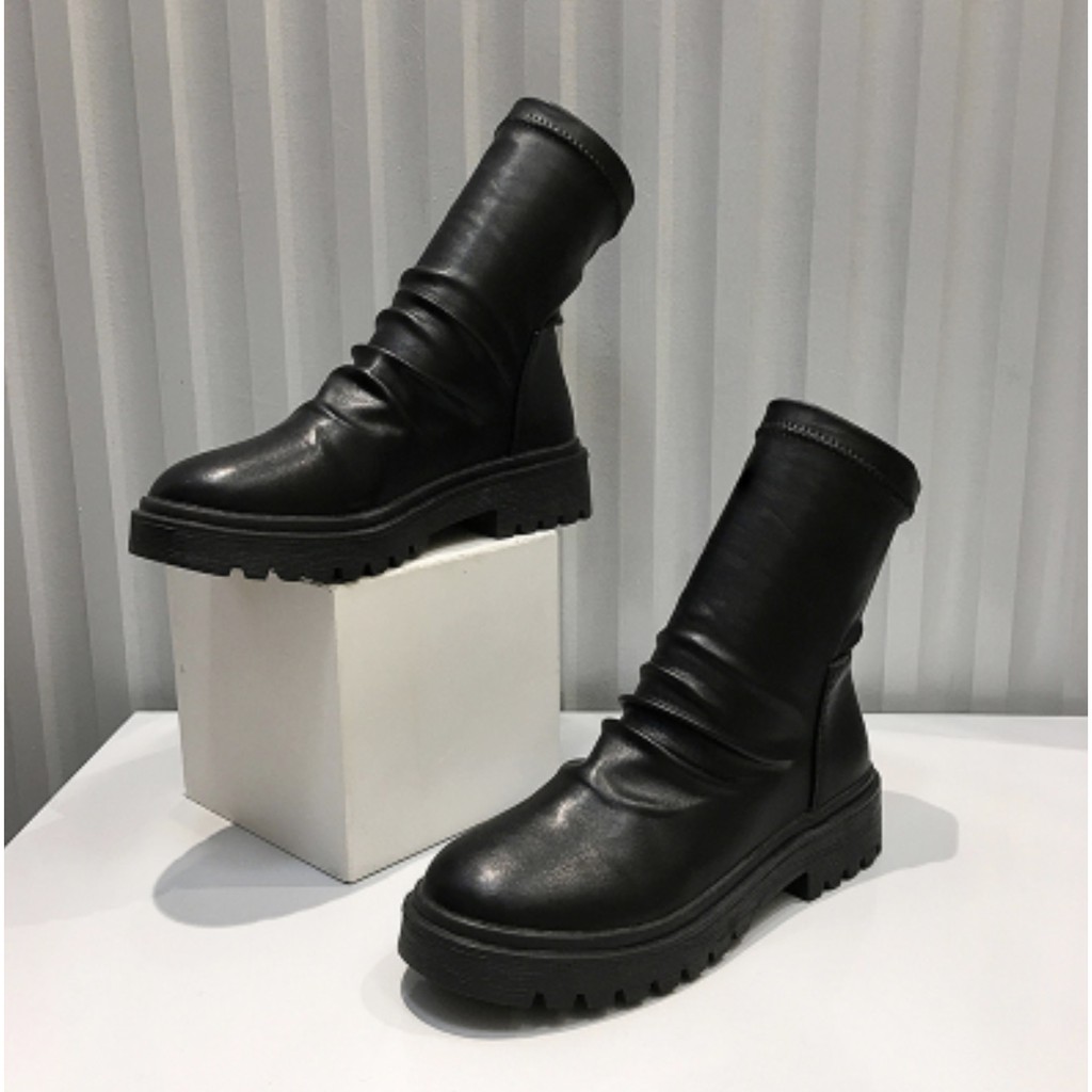 Order - Giày bốt,boot da nhăn đế 4,5cm phong cách All Black, Ulzzang (Có ảnh thật)