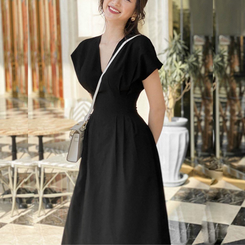 Đầm Dự Tiệc Cổ V Chít Eo Tay Con AKARA HQ076 Phù Hợp Đi Dạo Phố Dự Tiệc Size SML | BigBuy360 - bigbuy360.vn