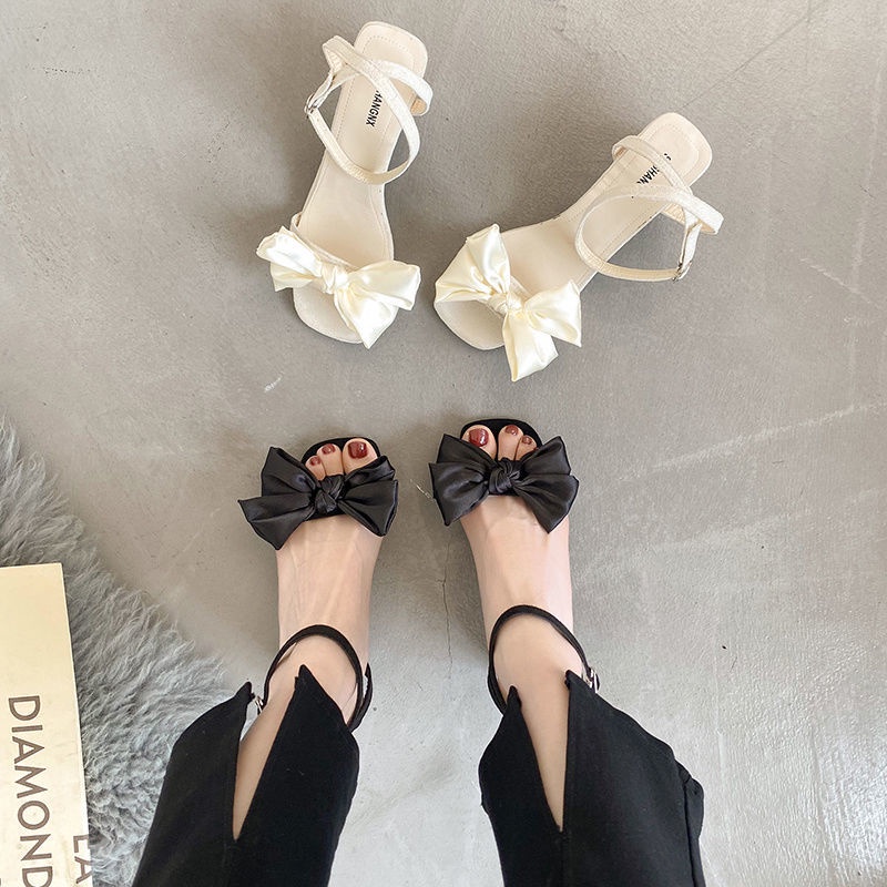 Jiashucheng Giày Sandal Cao Gót Đính Nơ Phong Cách Pháp Thời Trang Mùa Hè