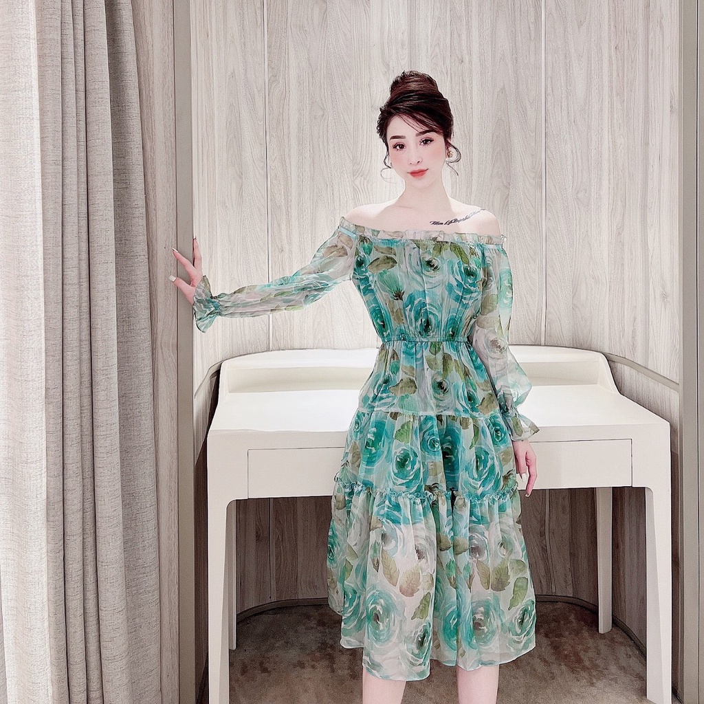 Đầm hoa siêu xinh 🔸 HÀNG CAO CẤP 🔸 váy nữ trễ vai chất liệu tơ mềm mát, không bai xù và có độ co giãn nhẹ | BigBuy360 - bigbuy360.vn