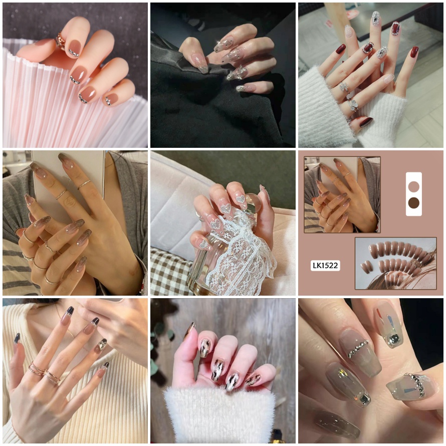 24 Móng giả màu đỏ đính đá ngọc trai giả thời trang kèm keo dán