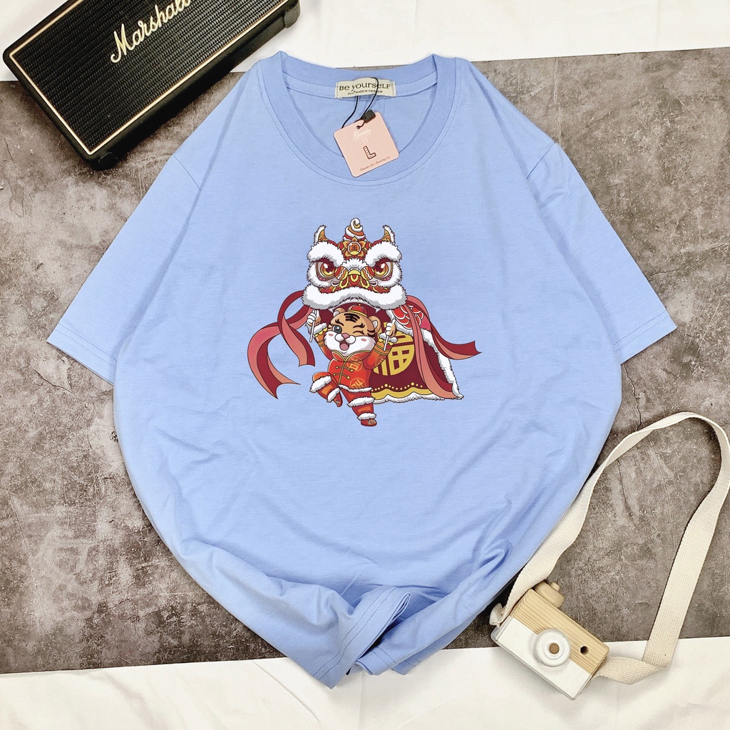 Áo thun tay ngắn in họa tiết Tết Hổ múa lân unisex full size M L XL - Hình thật shop chụp