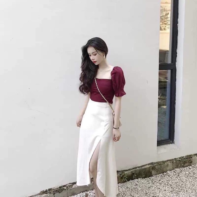 Set váy trễ vai đỏ mix chân váy